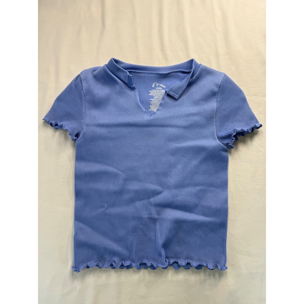 Art Class Girls Large 10/12 Blue Ribbed Short Sleeve Notch Neck Lettuce Edge Top